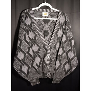 Vtg Poplar Black Gray Diamond Knit Button Front Oversized Cardigan XL USA Made